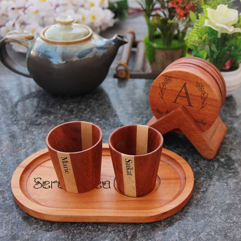 Tea Gift Set - Wooden Tea Cups, Tea Tray and Coaster set