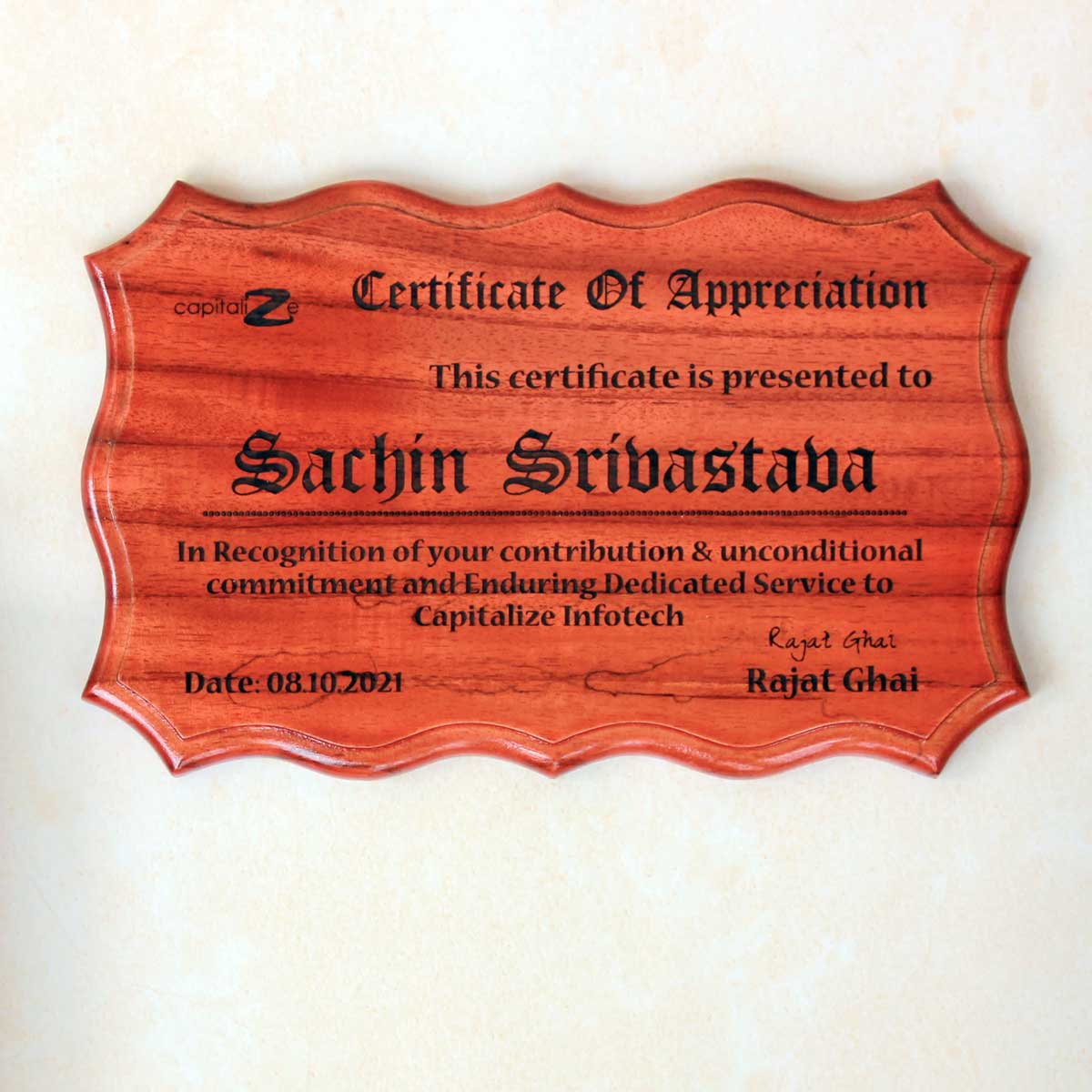 Personalized Wooden Certificate Of Appreciation