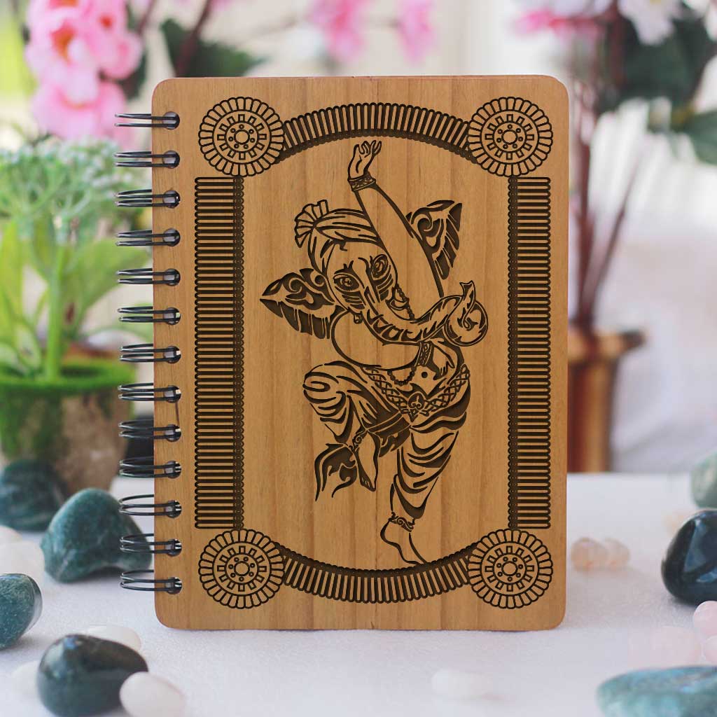 The Dancing Ganesh Personalized Wooden Notebook. This Spiral Notebook Makes The Best Ganesh Chaturthi Gifts. This Ganesha Gift Can Be Engraved With Happy Ganesh Chaturthi Wishes For Friends And Family.