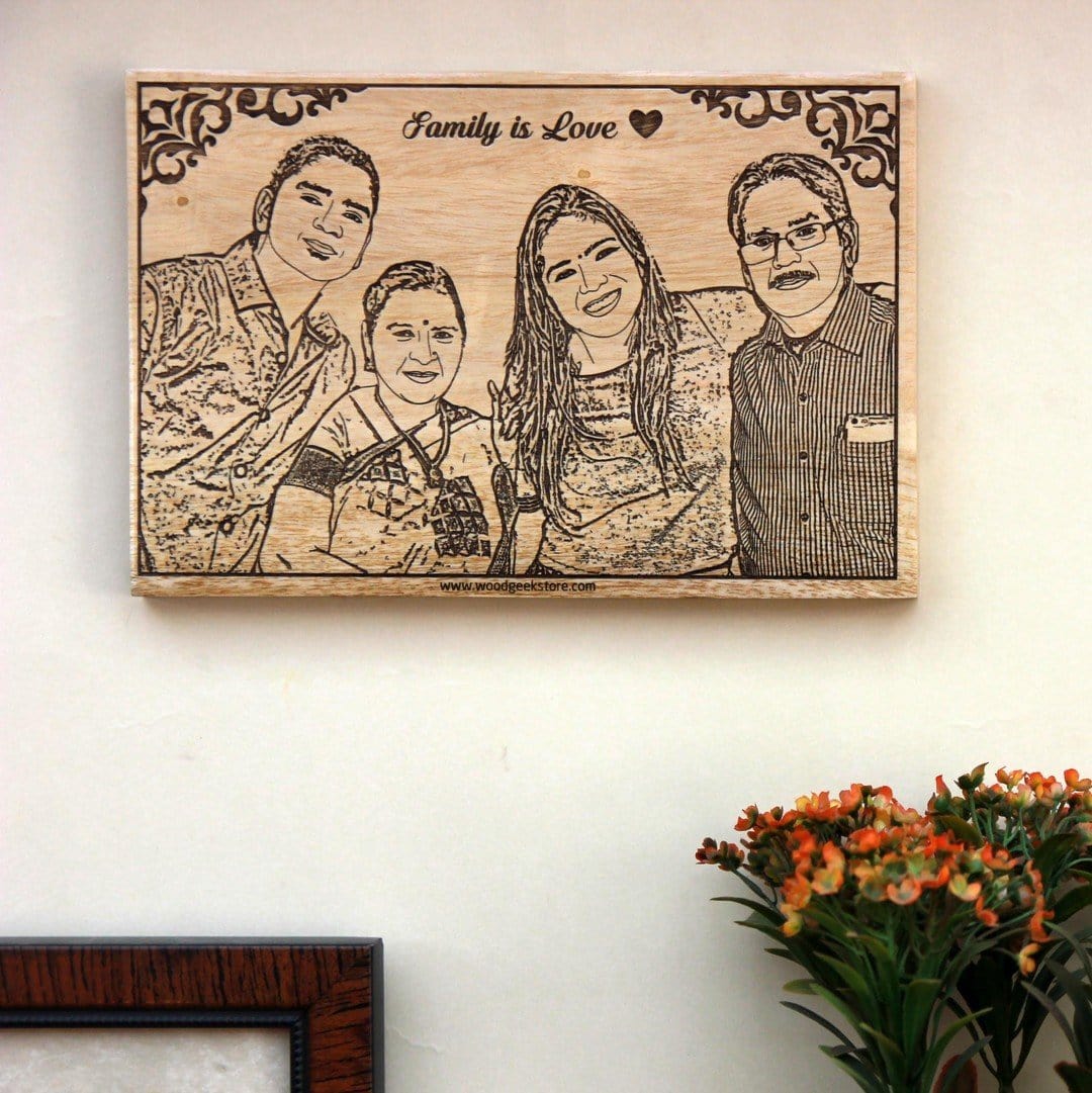 Family Engraved Portrait on Wooden Frame | Custom Group Photo