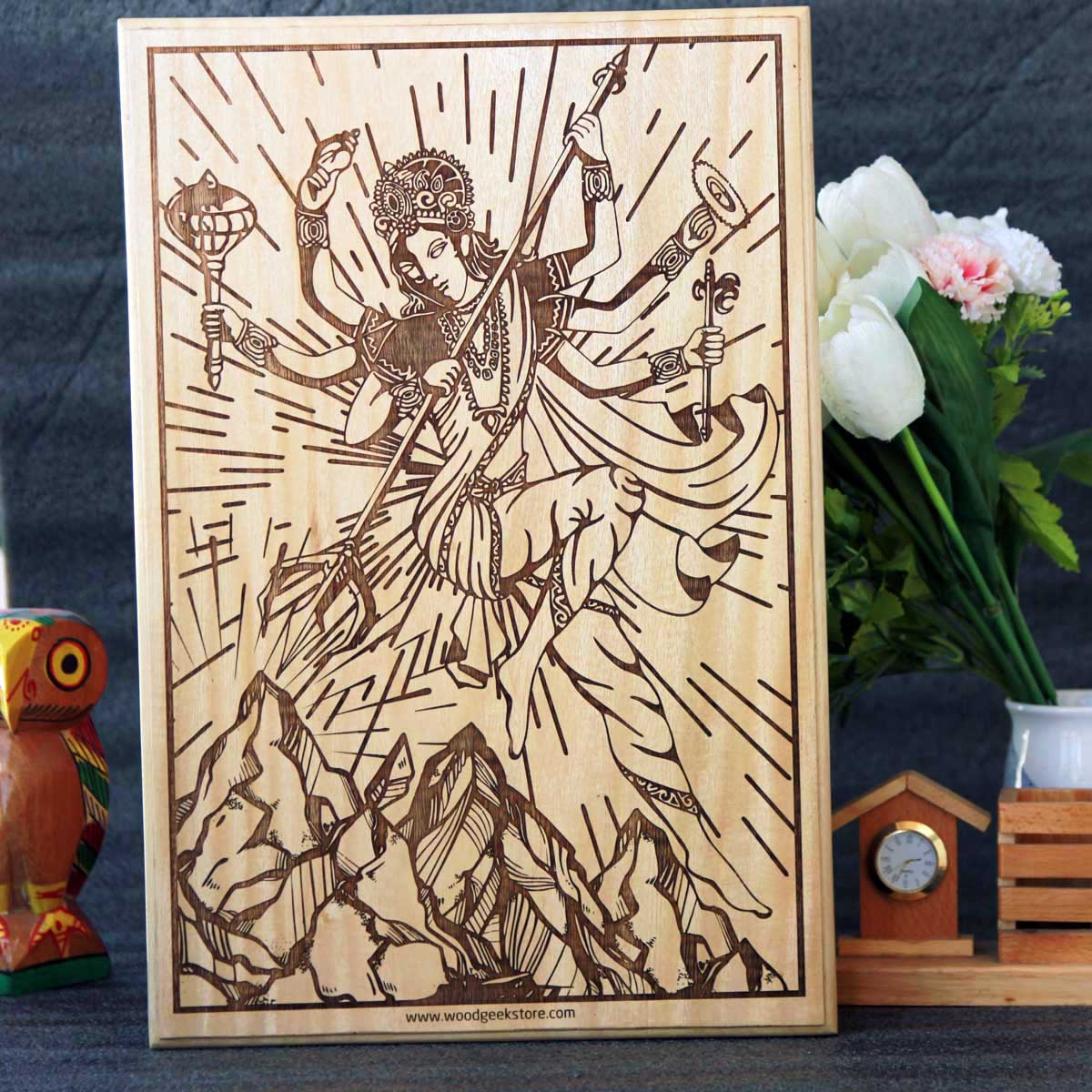 Durga The Warrior Goddess Carved Wooden Poster