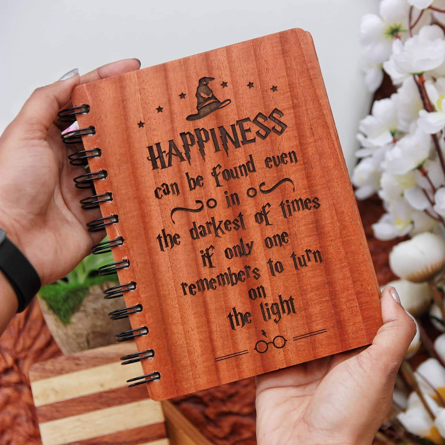 Happiness can be found in the darkest of times - Personalized Wooden Notebook