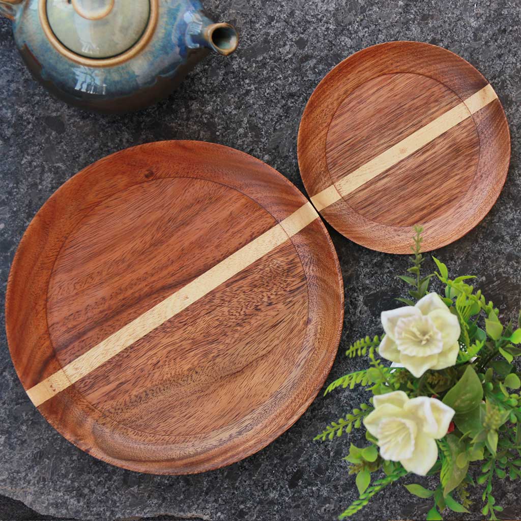 Teak Wood Dinner Plate &amp; Quarter Plate Set | Premium Wood Serving Plate