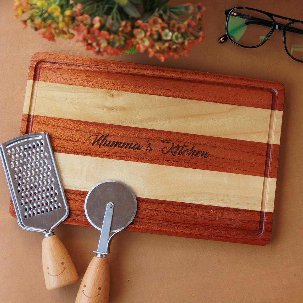 Custom engraved Mumma's Kitchen Wooden Chopping Board.This engraved rectangular kitchen chopping board is one of the best gifts for mom kitchen. This tray can also be customised with a text or quote.Make your mom feel special with gifts for mom for birthday or mother's day. 