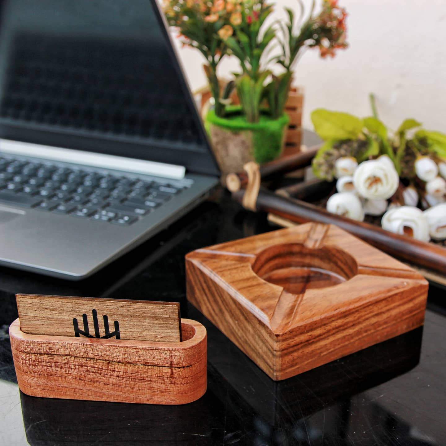 Bundle - Wooden ashtray and Wooden Business Card Holder.