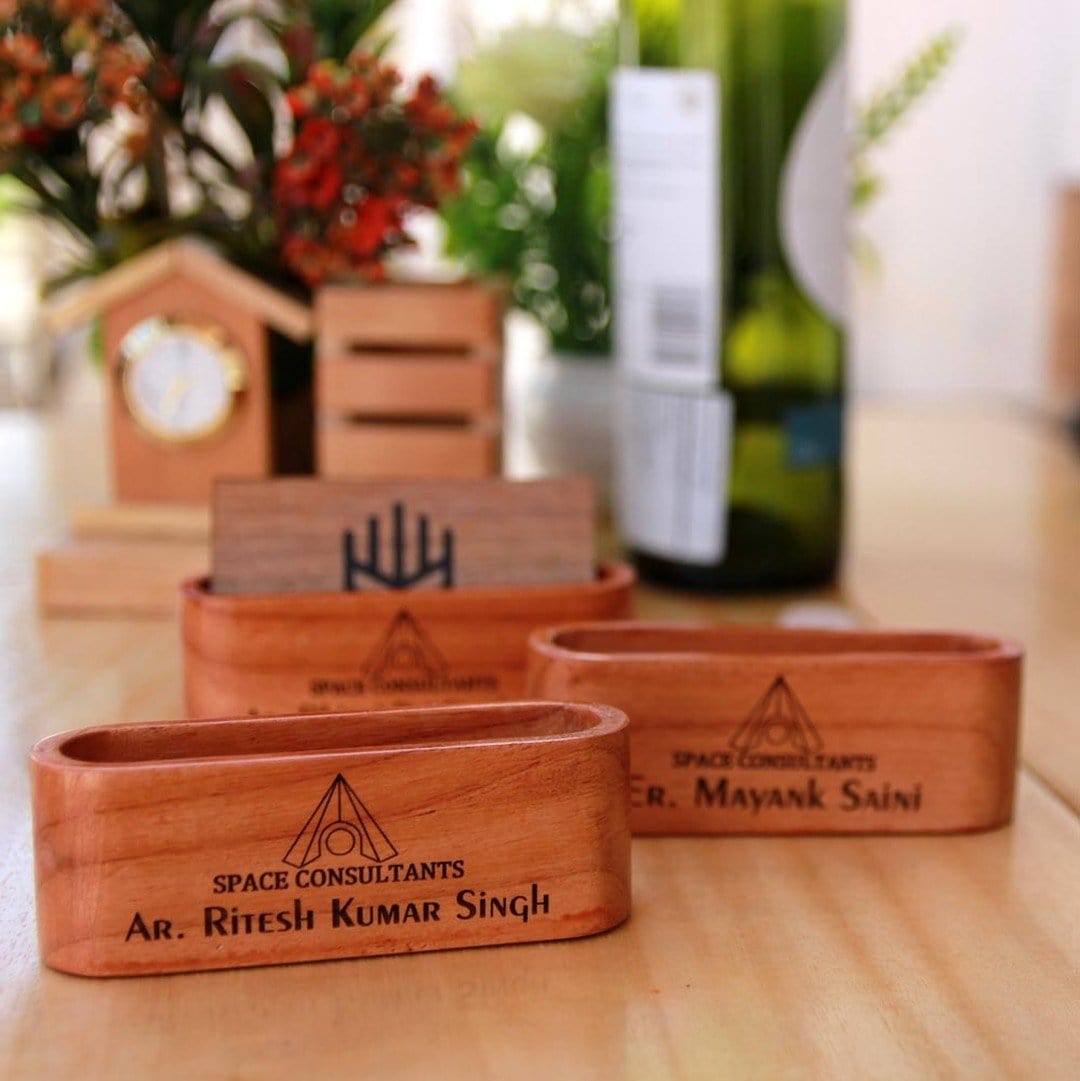 Wooden Business Card Holder - This Wooden Visiting Card Holder Makes Great Office Desk Decor - These Office Accessories Are Great Gifts For Colleagues And Employees. This Personalized Business Card Holder Can Be Engraved With Name.