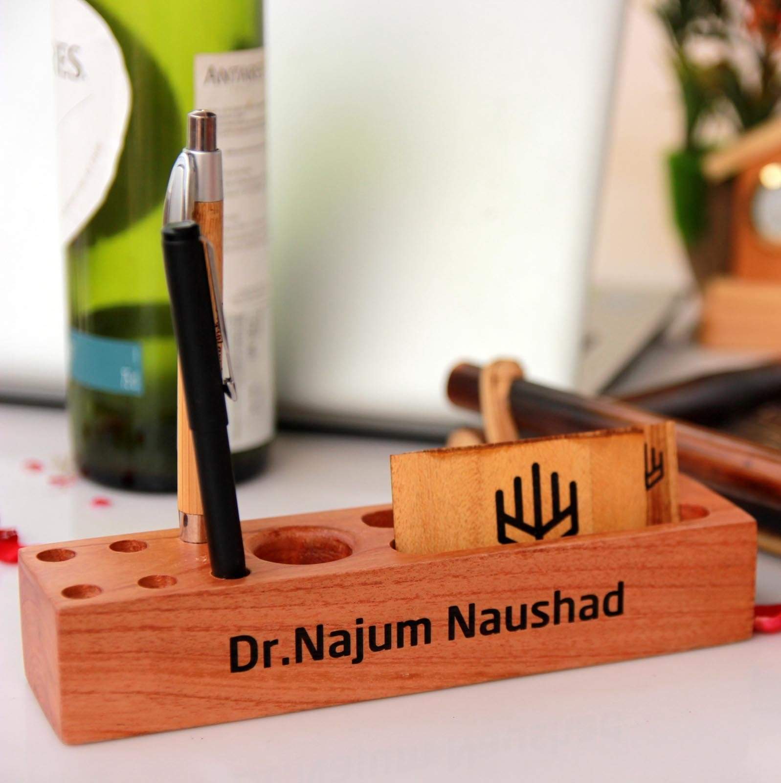 Pen Holder For Desk & Desk Organizer. This personalized desk organizer can be engraved with your business logo and text of your choice.