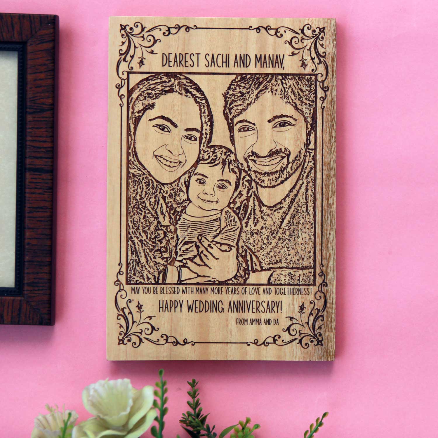 Personalized Family Portrait Engraved In Wood | Anniversary Gift For Husband & Wife