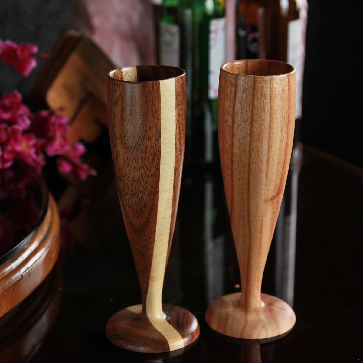 Personalized Neem Wood Champagne Glasses | Handmade Wooden Champagne Flutes