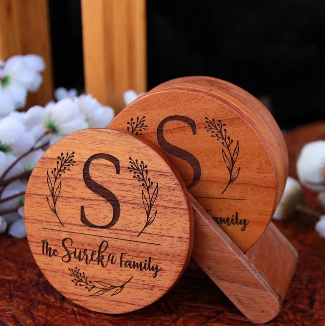 Family Name Coasters: Monogram Coasters - Wooden Coaster Set With Holder