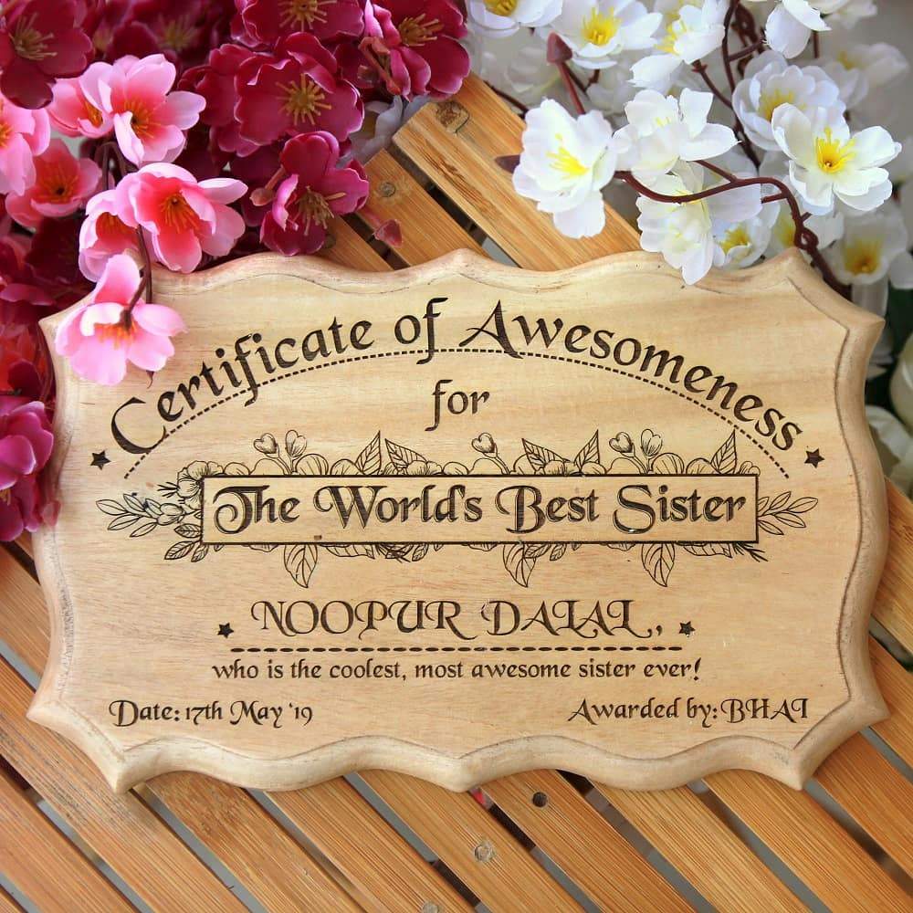 Wooden Certificate of Awesomeness for World's Best Sister
