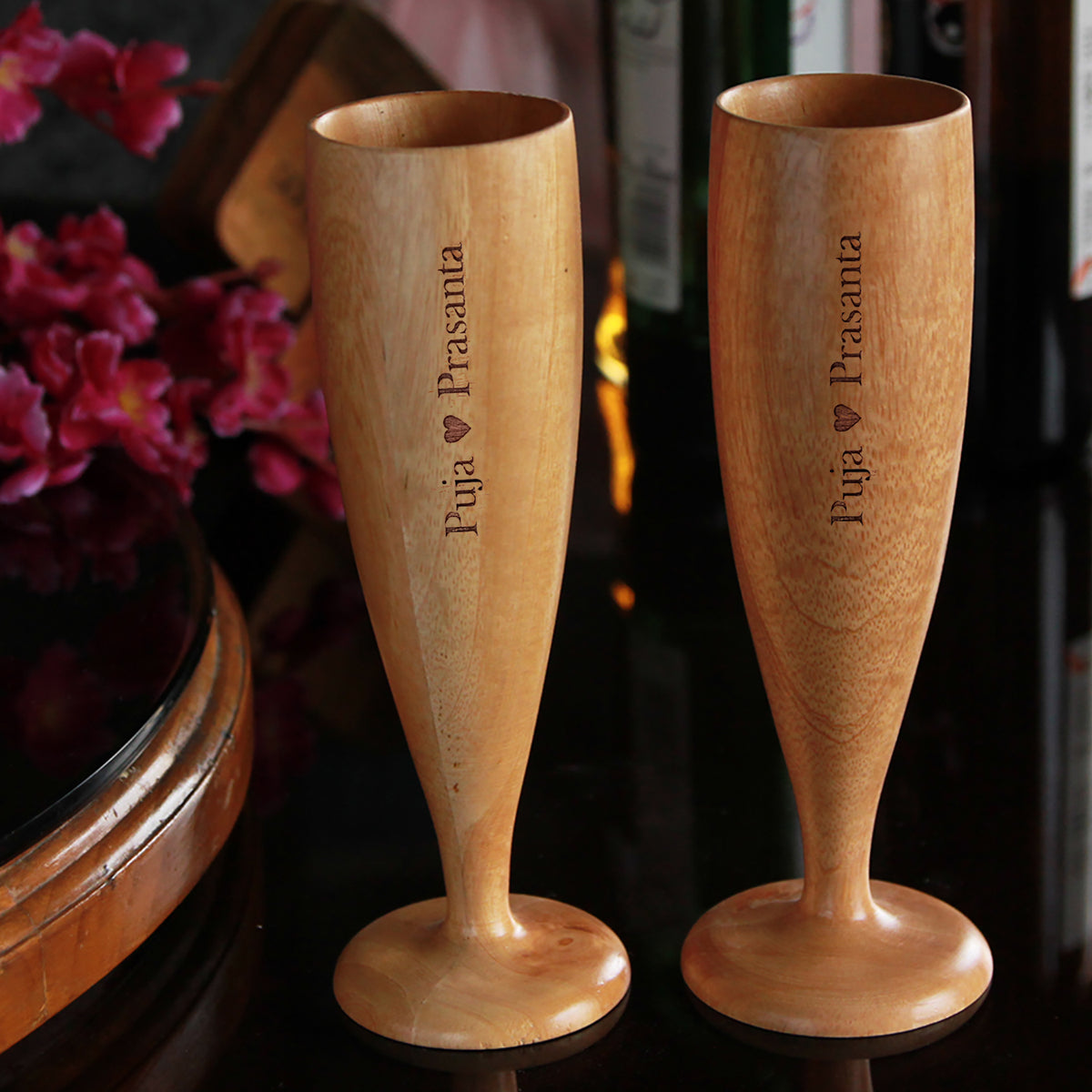Personalized Neem Wood Champagne Glasses | Handmade Wooden Champagne Flutes
