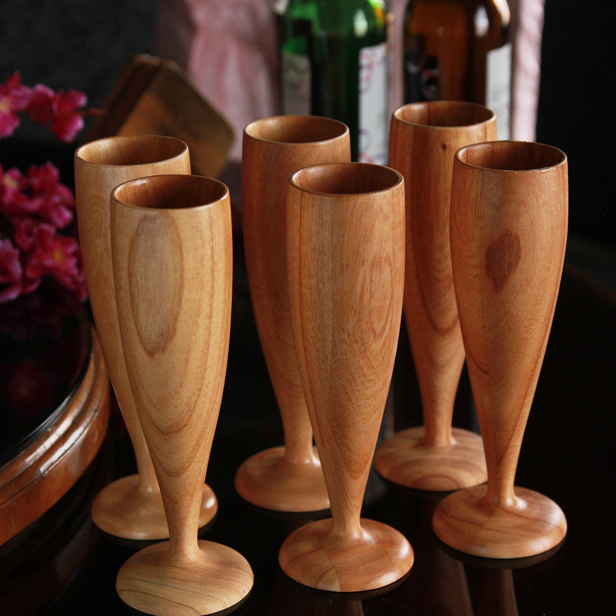 Personalized Neem Wood Champagne Glasses | Handmade Wooden Champagne Flutes