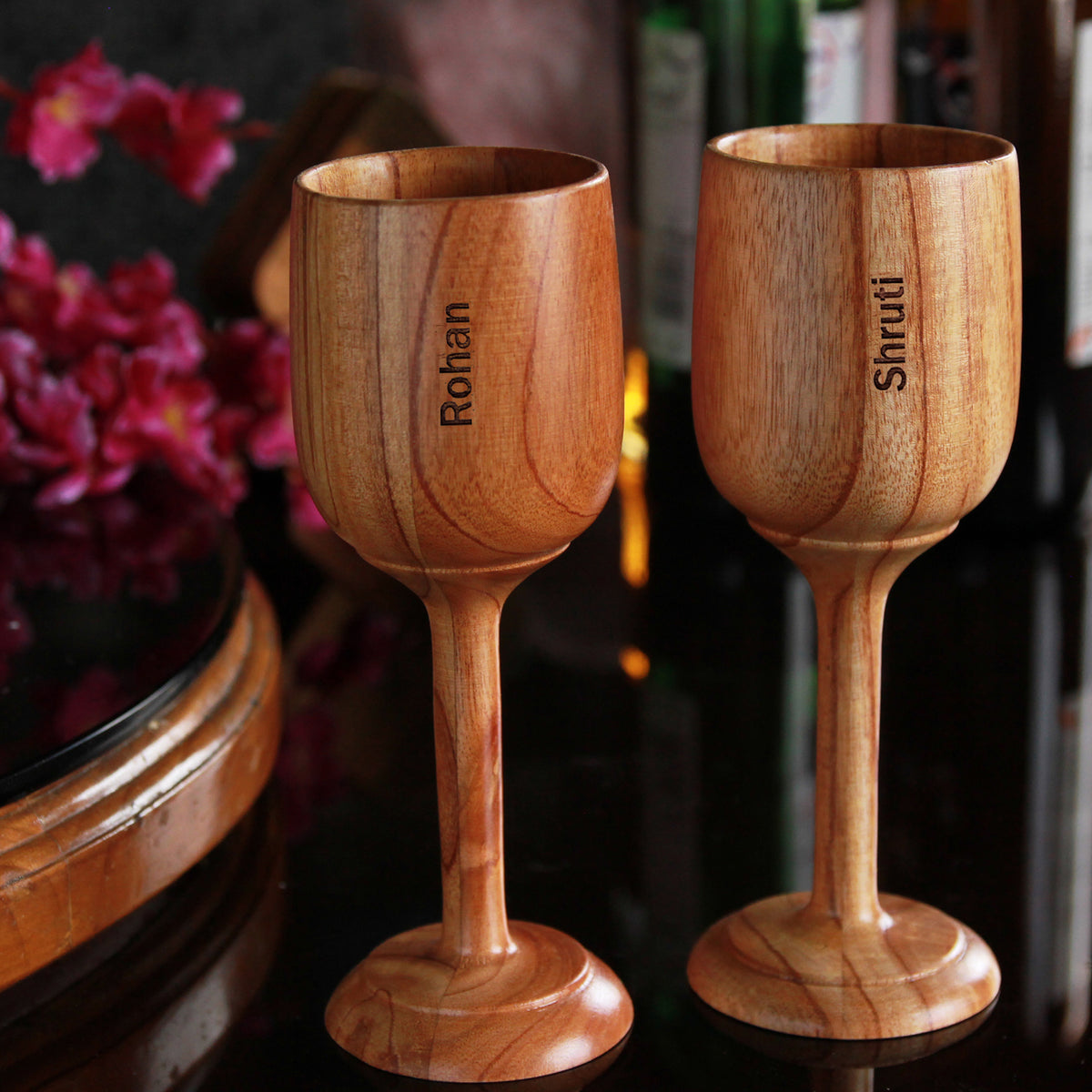 Neem Wood Wine Glasses Personalized With Name | Birthday Gift