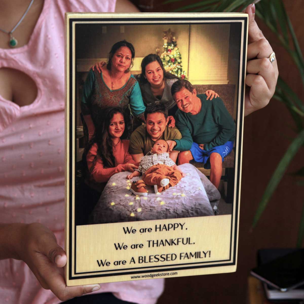 Happy, Thankful & Blessed Family Photo Print On Wood | Personalized Photo Frame