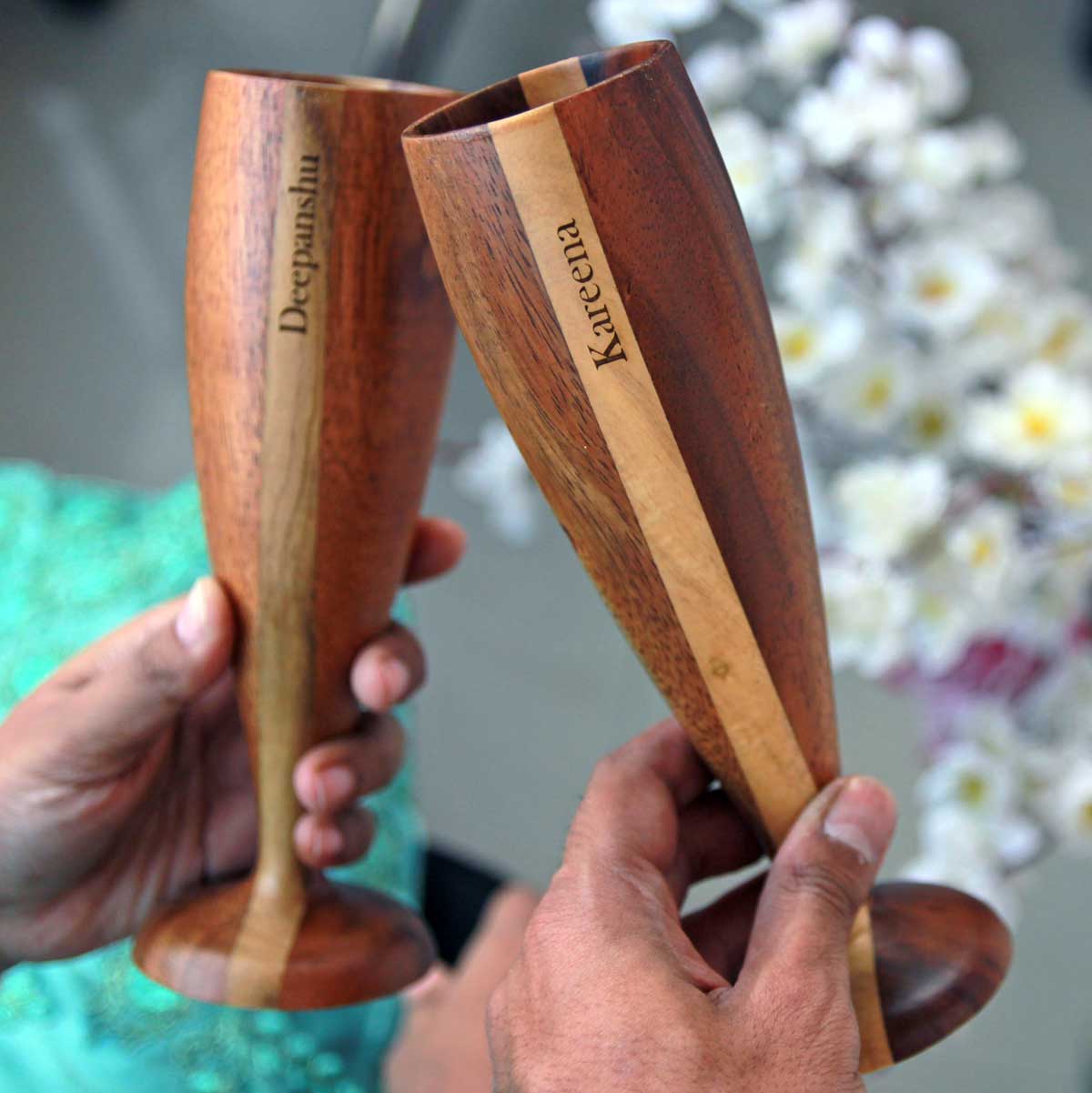 Personalized Wood Champagne Glasses | Anniversary Gift For Husband &amp; Wife