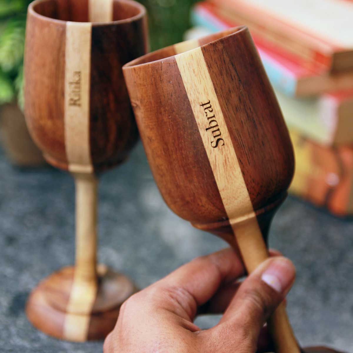 Personalized Wood Wine Goblets Engraved With Name | Anniversary Gift