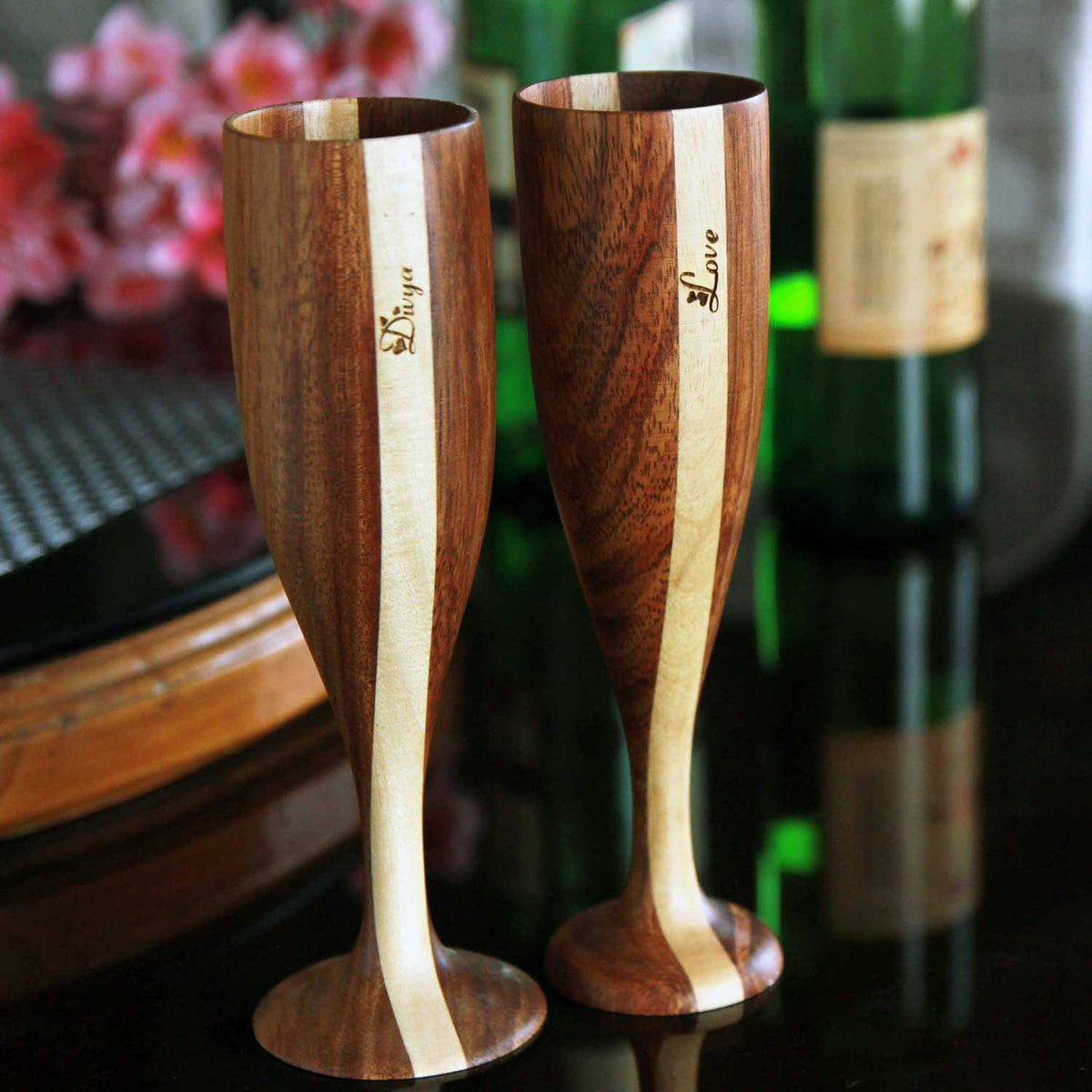 Personalized Wood Champagne Glasses | Anniversary Gift For Husband &amp; Wife