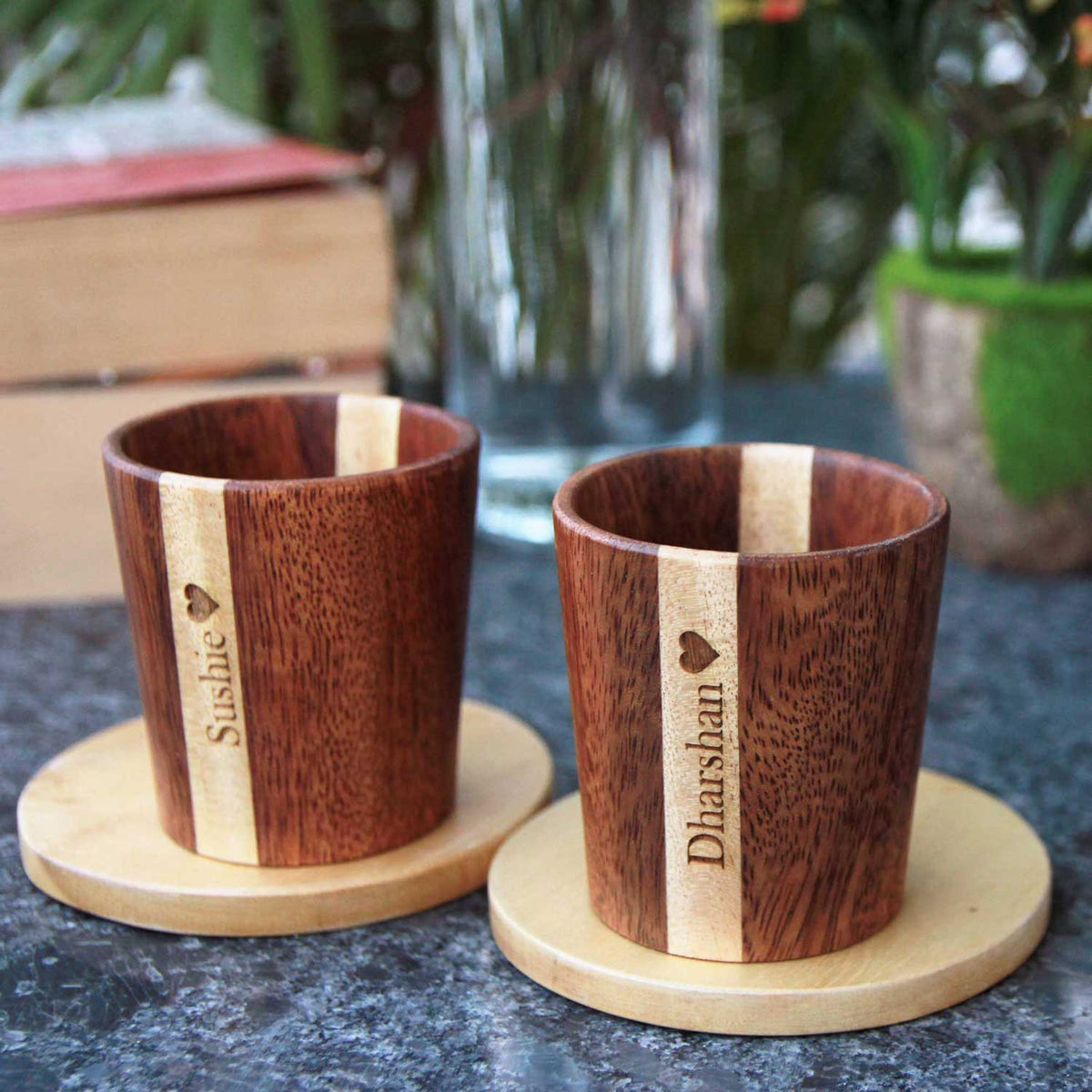 Personalized Wood Tea &amp; Coffee Cup Set Engraved With Name | Birthday gift
