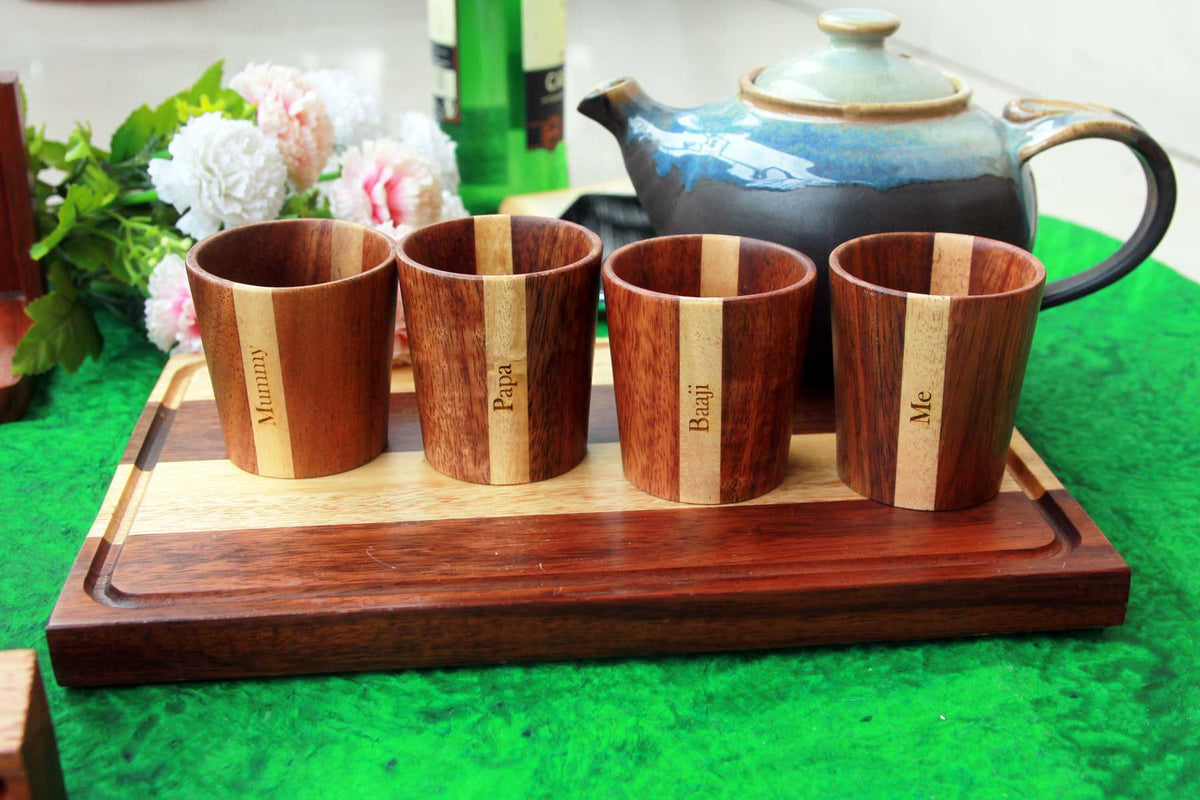 Gift Set: 4 Wooden Tea &amp; Coffee Cups &amp; Wood Serving Board
