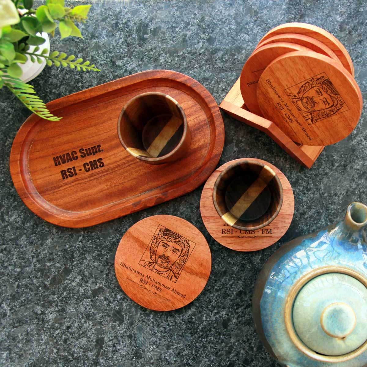 Personalized Birthday Gift Set For Tea Lover | Wooden Tea Cups, Tea Tray and Coaster set