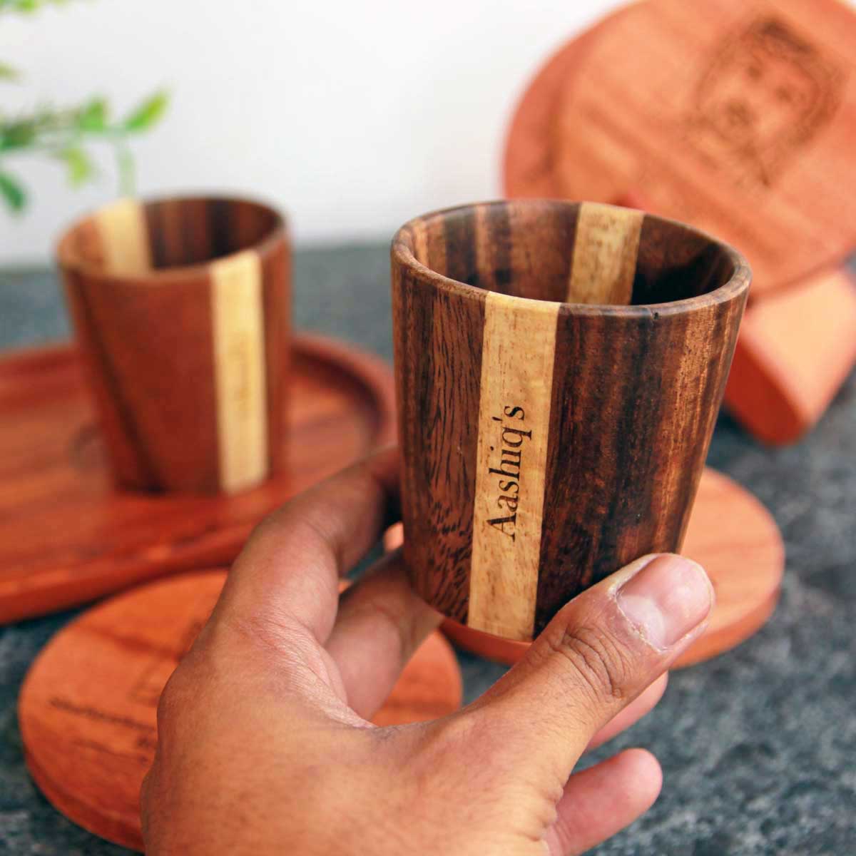 Personalized Birthday Gift Set For Tea Lover | Wooden Tea Cups, Tea Tray and Coaster set