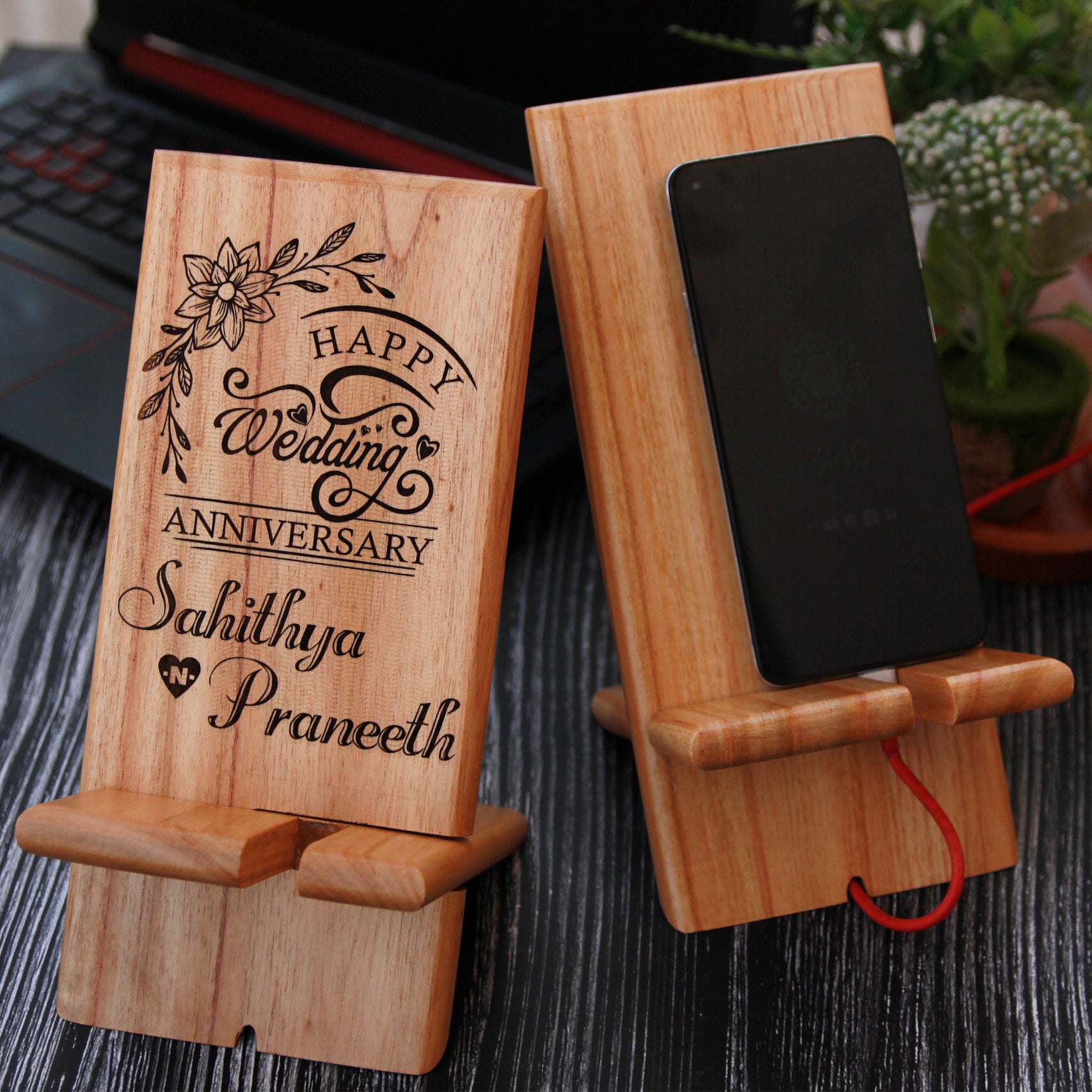 Engraved Wooden Mobile Phone Stand | Wedding Anniversary Gift