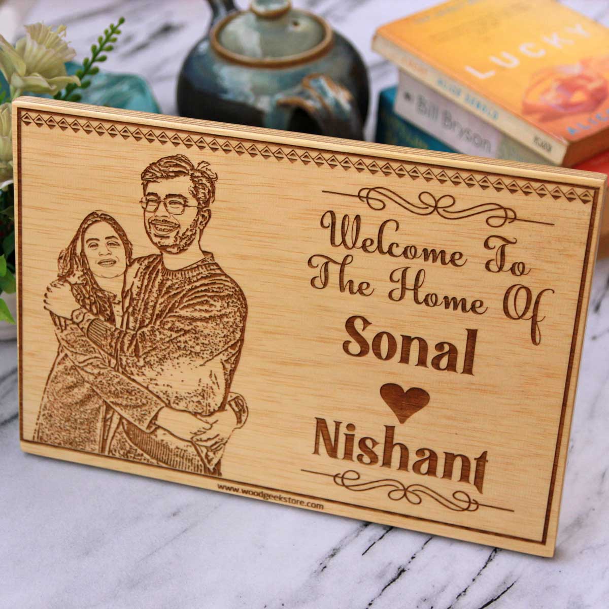 Home Sweet Home - Custom Photo Engraved Wooden Nameplate for Home