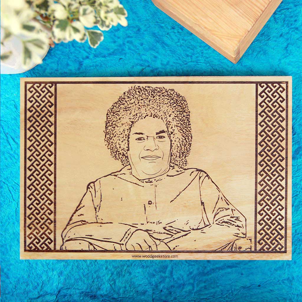 Sathya Sai Baba Carved Wooden Photo Poster