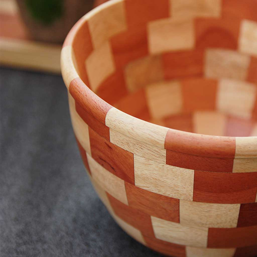 Segmented wood bowl made from 65 wood pieces - closeup - by woodgeek store