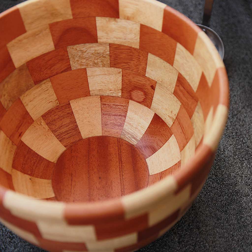 Segmented wood bowl made from 65 wood pieces - close up-by woodgeek store