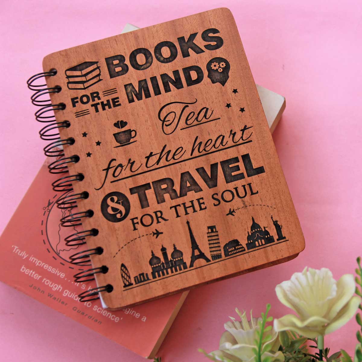 Books, tea and travel tales - Personalized Wooden Notebook