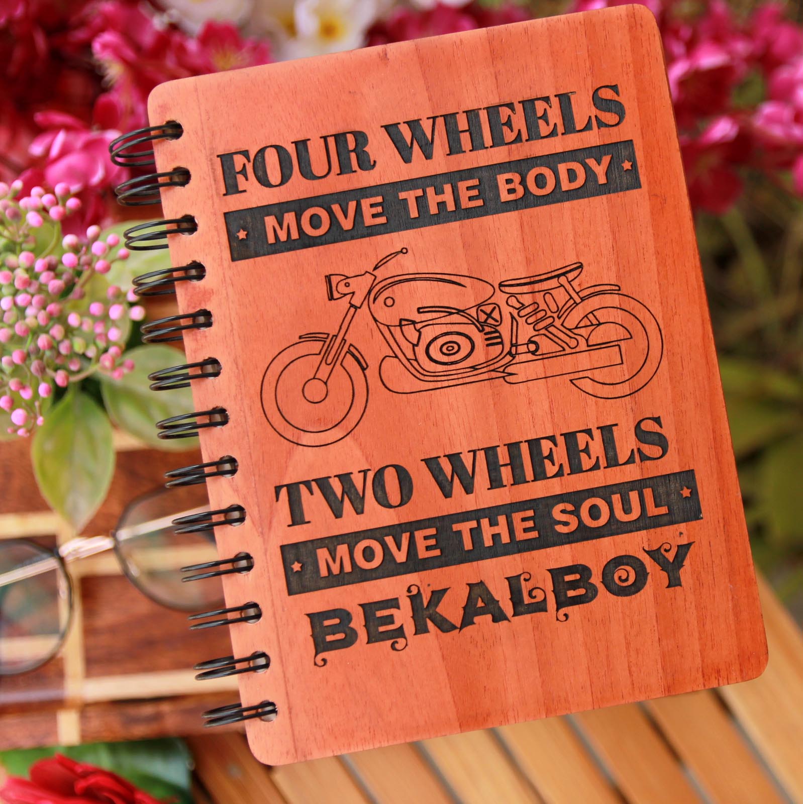 Four Wheels Move The Body, Two Wheels Move The Soul Wooden Notebook. A Personalized Notebook Journal For Bike Lovers. This Wooden Journal Is The Best Gift For Boyfriend and Husband