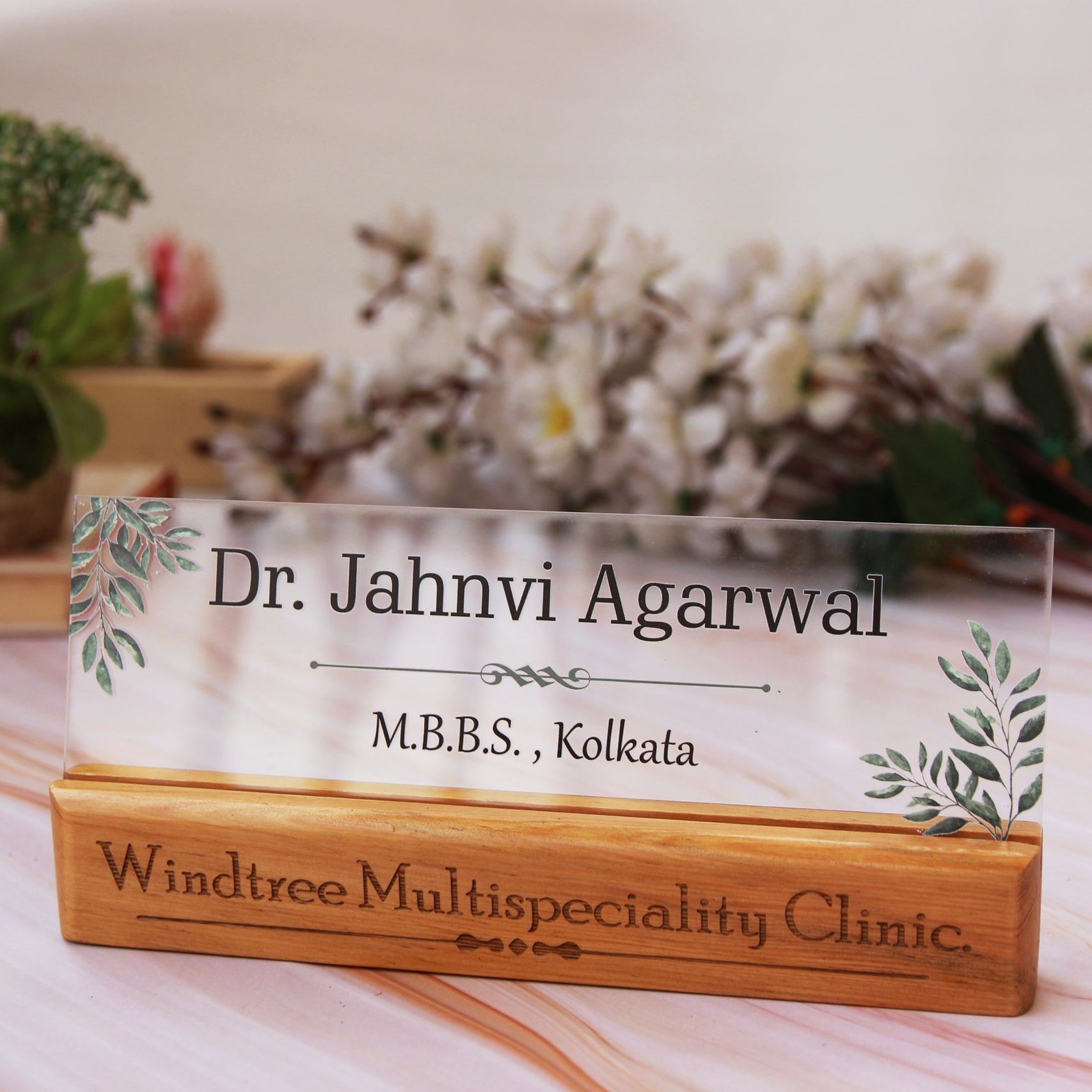 Acrylic Nameplate For Doctors With Engraved Wood Base