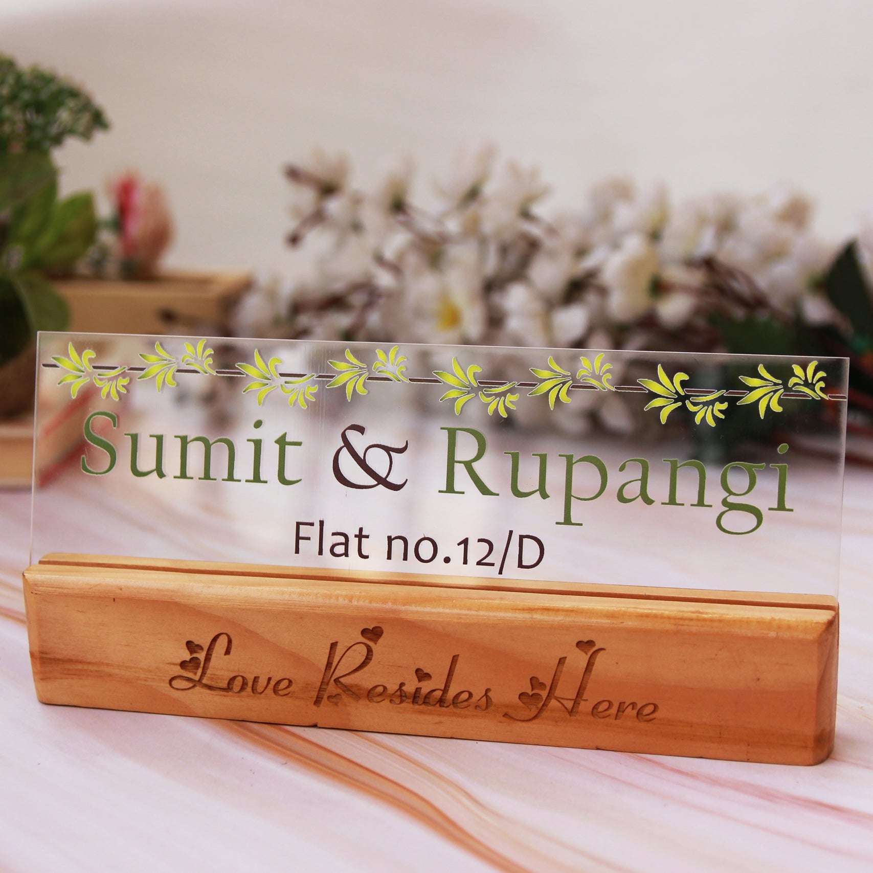 Wood Acrylic Nameplate For Home With Flat Number & Address