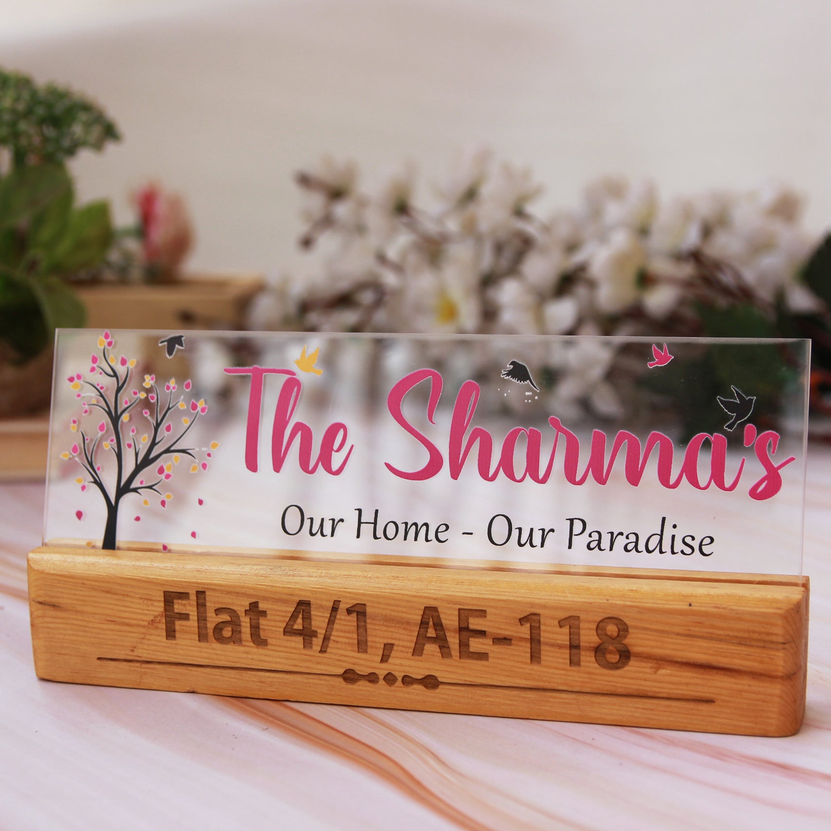 Wood Acrylic Nameplate For Home With Flat Number & Address