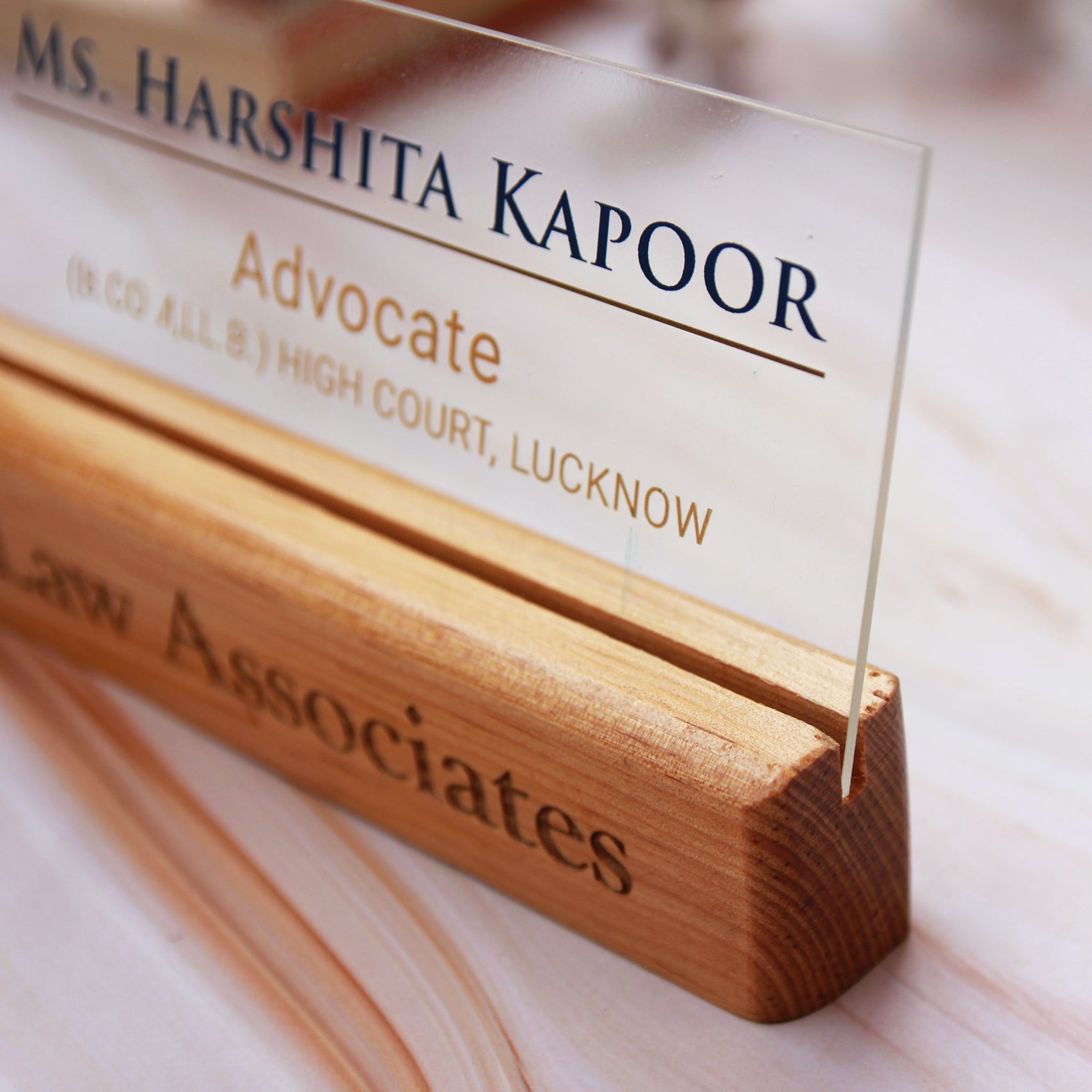 Acrylic Nameplate For Lawyers With Engraved Wood Base