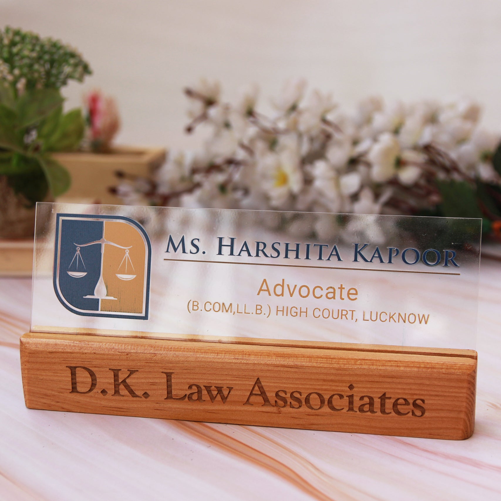 Acrylic Nameplate For Lawyers With Engraved Wood Base