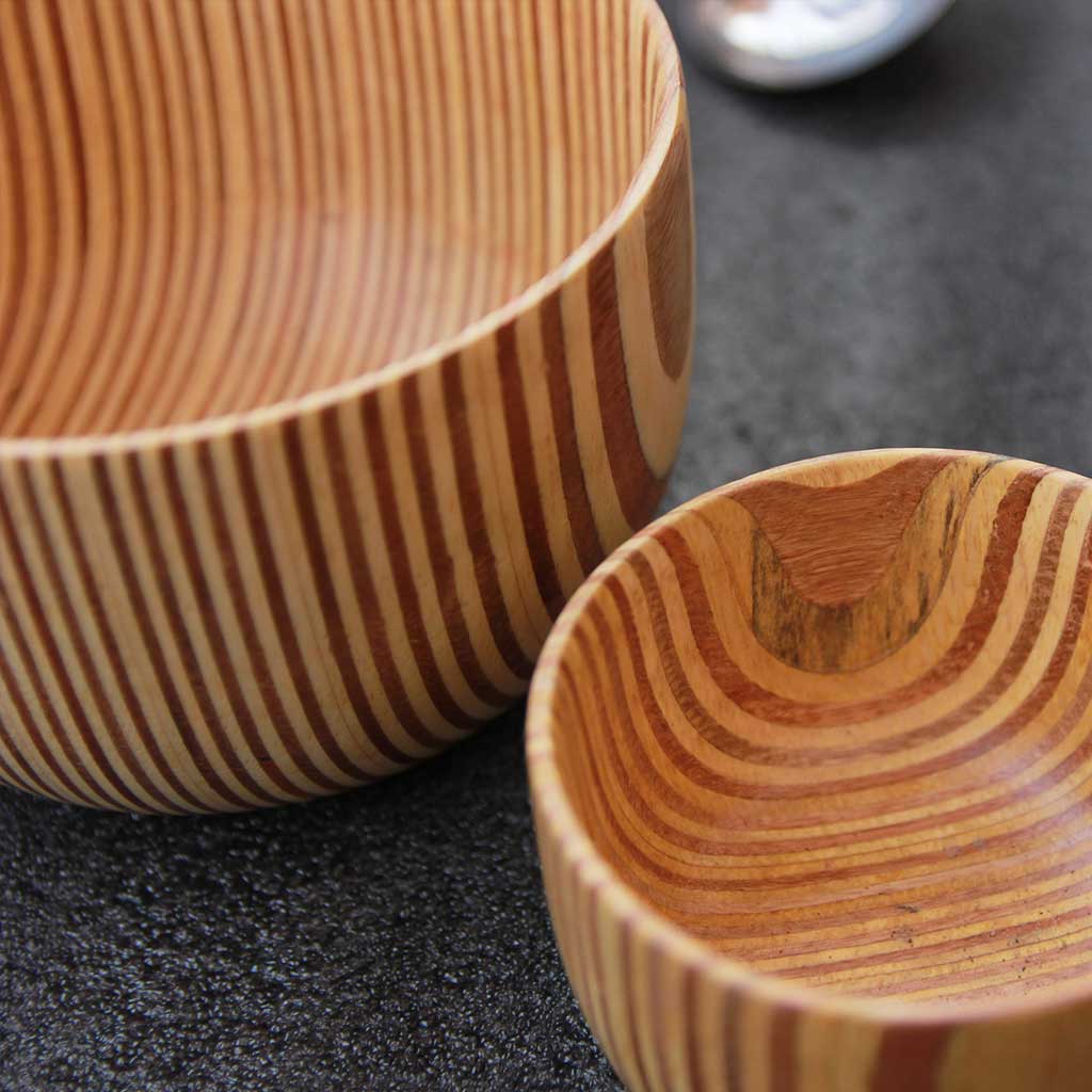 wooden bowls made from patterned ply closeup by woodgeekstore 