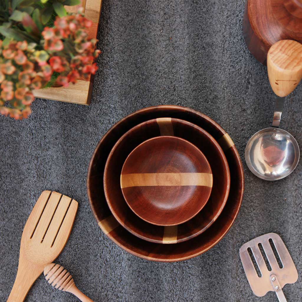 set of 3 wooden nesting bowls for serving food made from dark black sirish wood by woodgeekstore