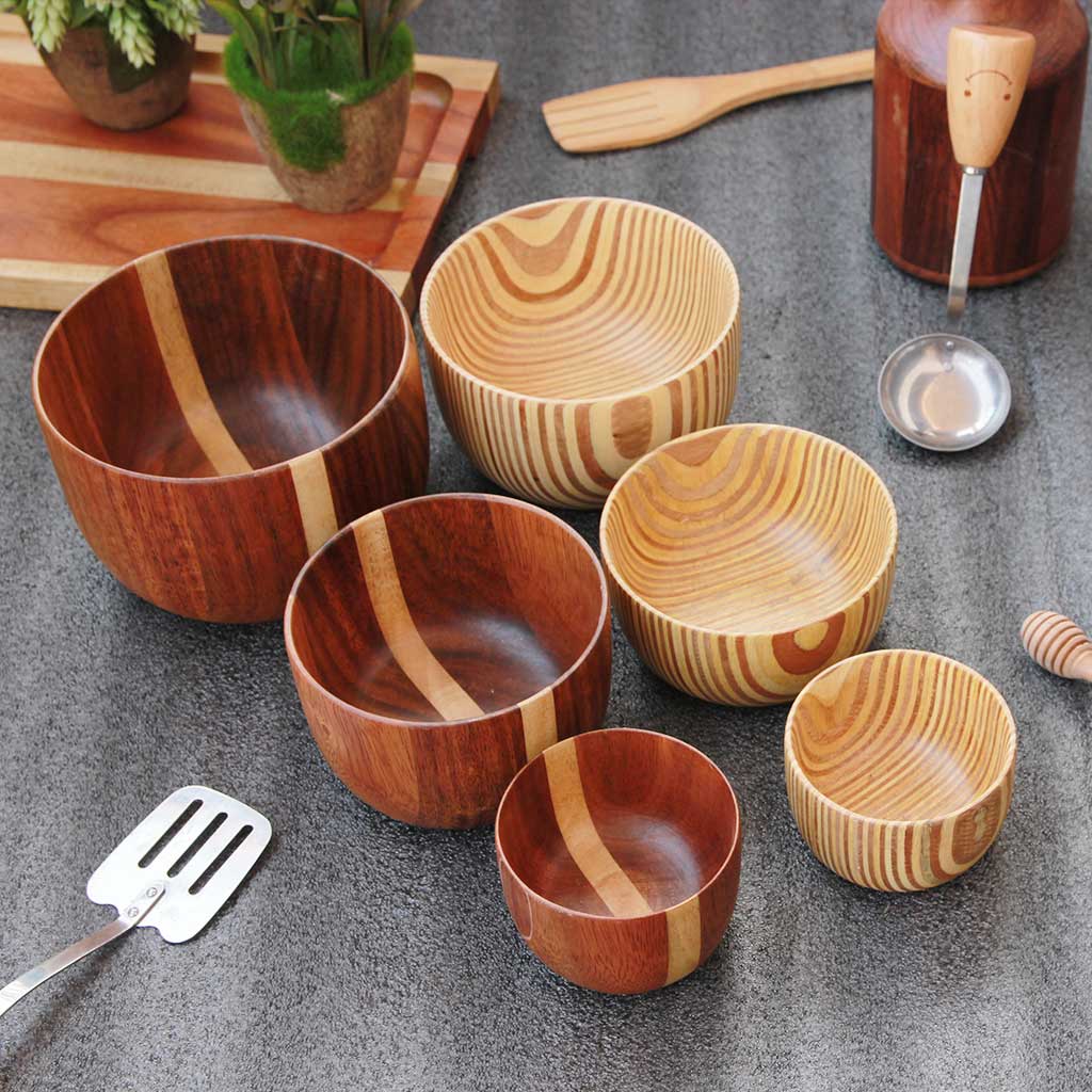 set of 6 wooden mixing and serving bowls - set C - woodgeek store