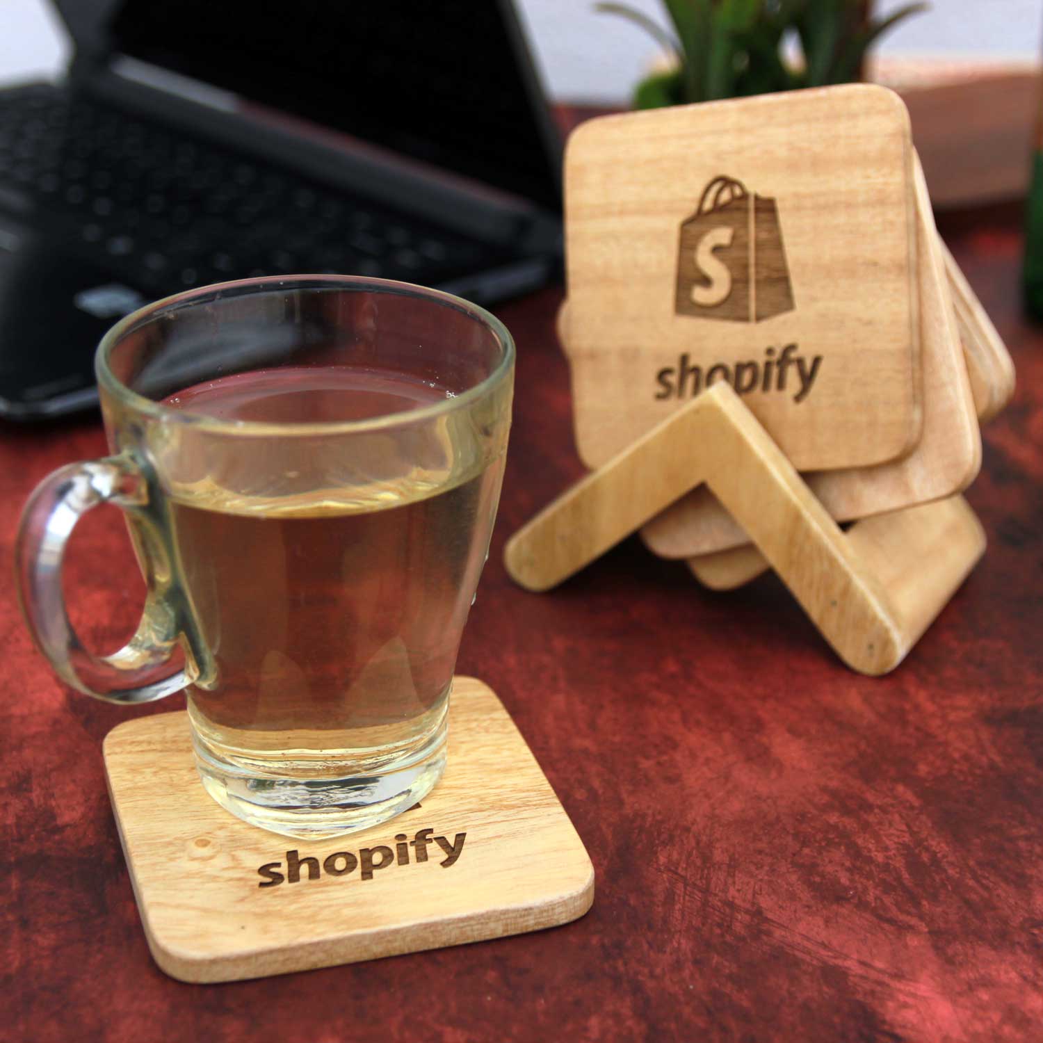 Office Coasters With Company Logo - Wooden Coaster Set With Holder