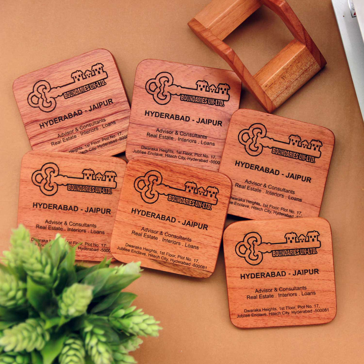Office Coasters With Company Logo - Wooden Coaster Set With Holder