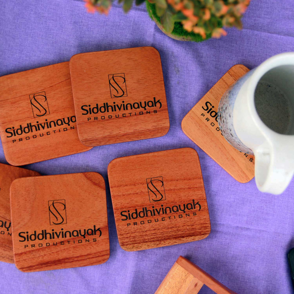 Office Coasters With Company Logo - Wooden Coaster Set With Holder