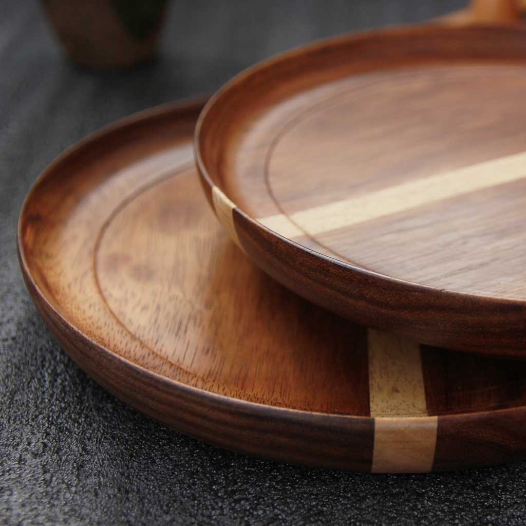 Wooden dinner plates closeup, set of 2, made from black sirish by Woodgeek store 