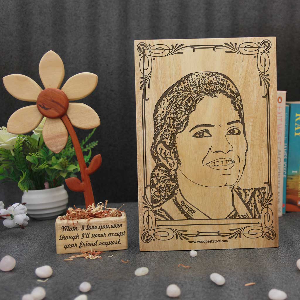 Wooden Flower & Photo Engraved Frame For Mom | Birthday Gift For Mom
