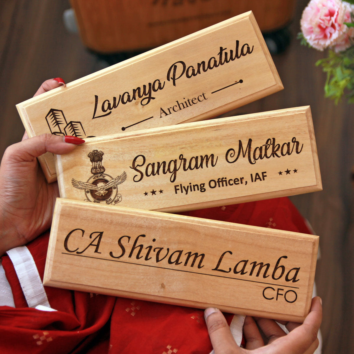 Personalized Wooden Nameplate for Office with Designation