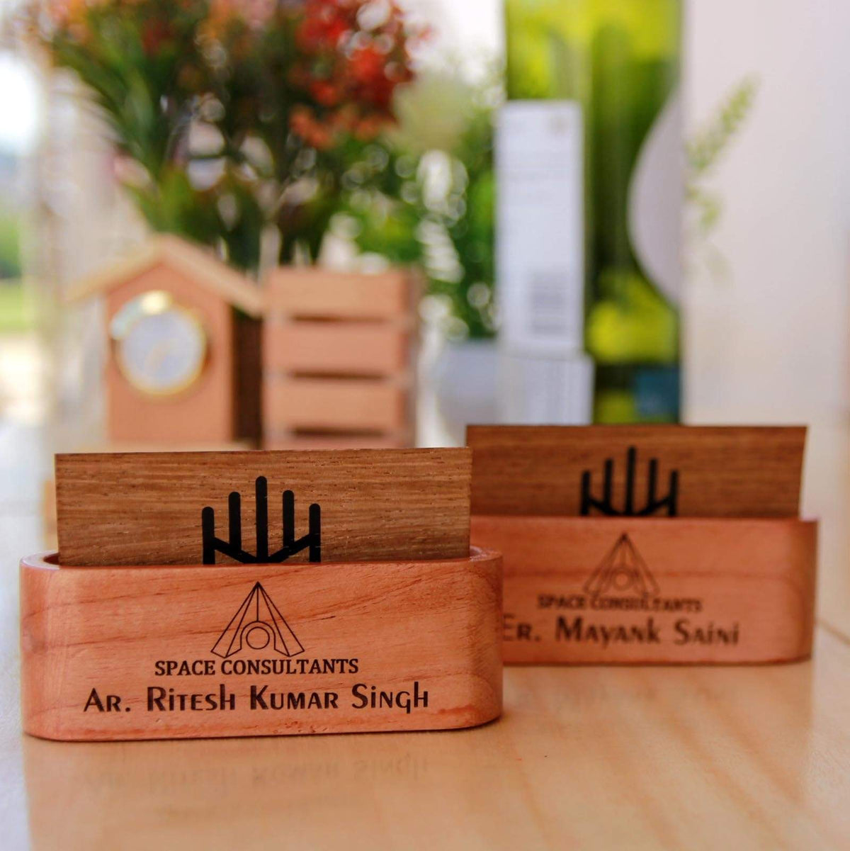 Wooden Business Card Holder - This Wooden Visiting Card Holder Makes Great Office Desk Decor - These Office Accessories Are Great Gifts For Colleagues And Employees. This Personalized Business Card Holder Can Be Engraved With Name.