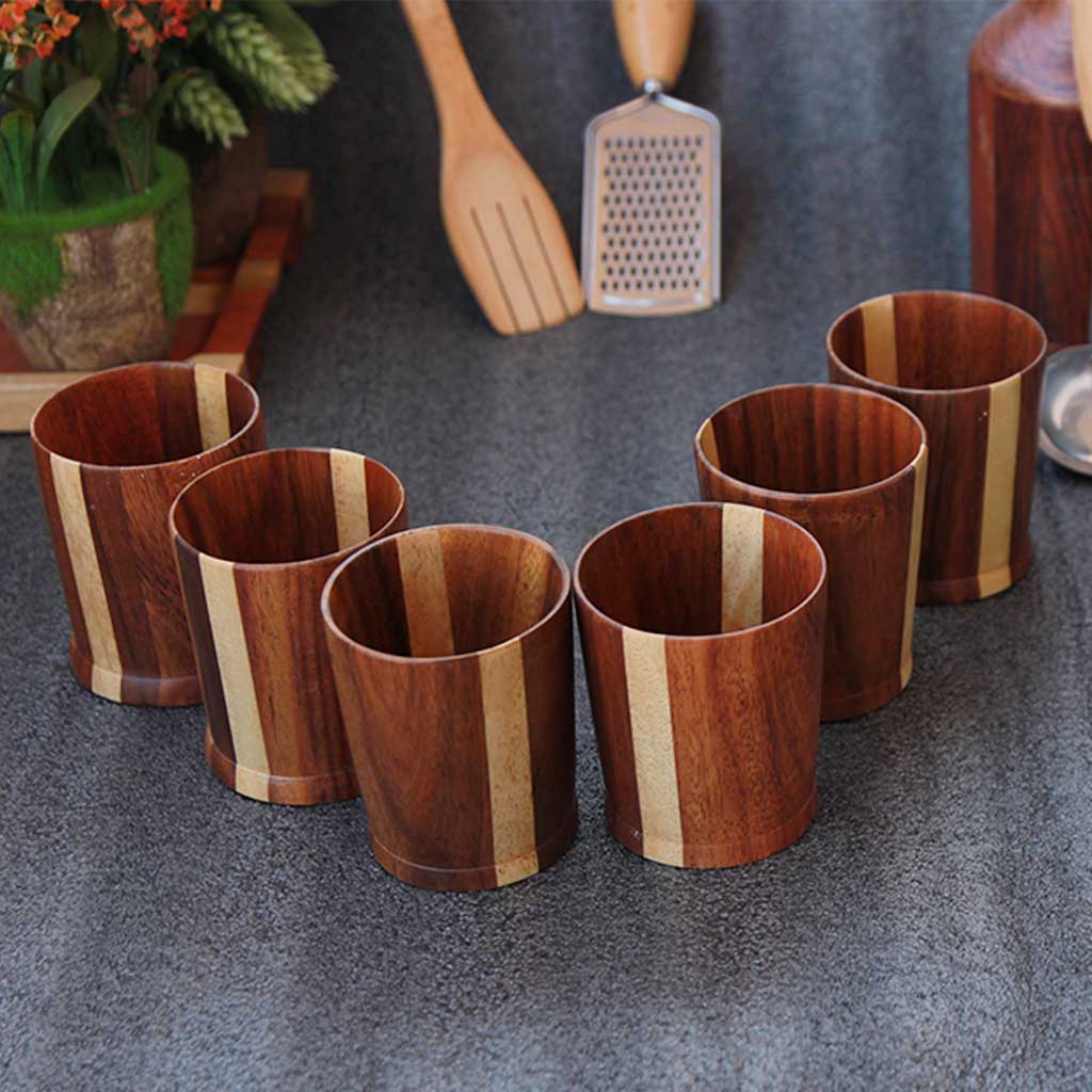 set of 6 wooden whiskey glasses in black sirish variant by woodgeek store